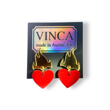 Load image into Gallery viewer, Feeling a little heart burn earrings in red