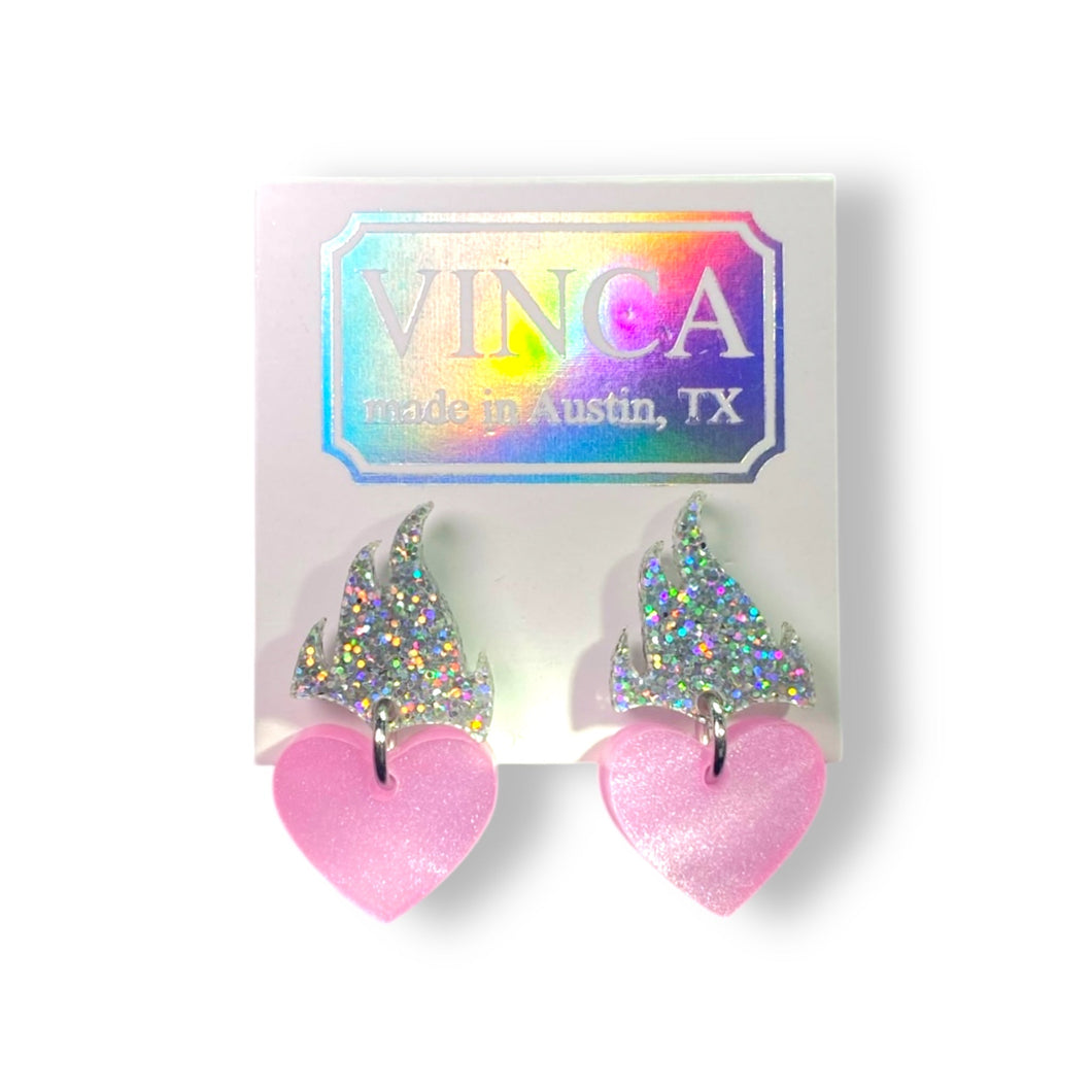 Feeling a Little Heart Burn Earrings in Holographic Glitter