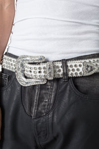 Allover Rhinestone Studded Belt - White