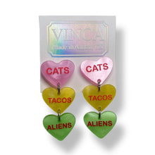 Load image into Gallery viewer, Cats Tacos Aliens Candy Heart Dangle Earrings