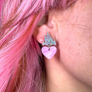 Feeling a Little Heart Burn Earrings in Holographic Glitter